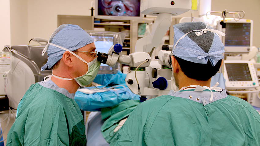 表演视网膜脱离手术的两位眼科医生