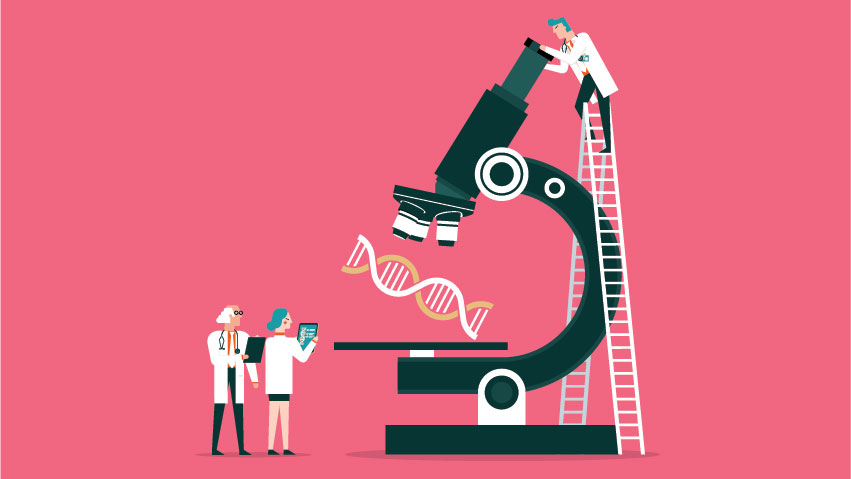 与一个大显微镜和两个小科学家站立在前面的两个小科学家的图表在梯子看通过目镜的梯子。