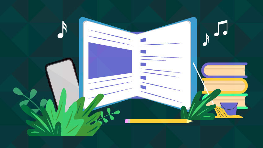 Graphic image with a scheduler, books, music notes, greenery, phone, pencil, schedule and mop