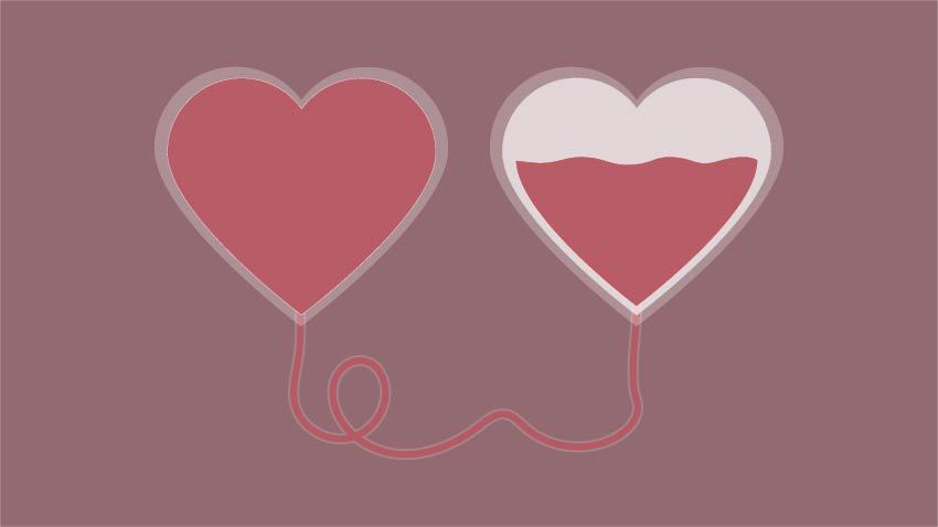 粉红色的心，一颗心装满了捐献的血液，另一颗心装满了捐献的血液