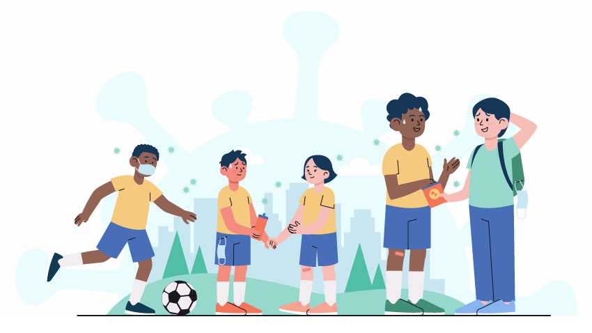 孩子们和父母在外面踢足球，只有一个人戴着口罩，病毒颗粒漂浮在周围，以蓝绿色作为背景
