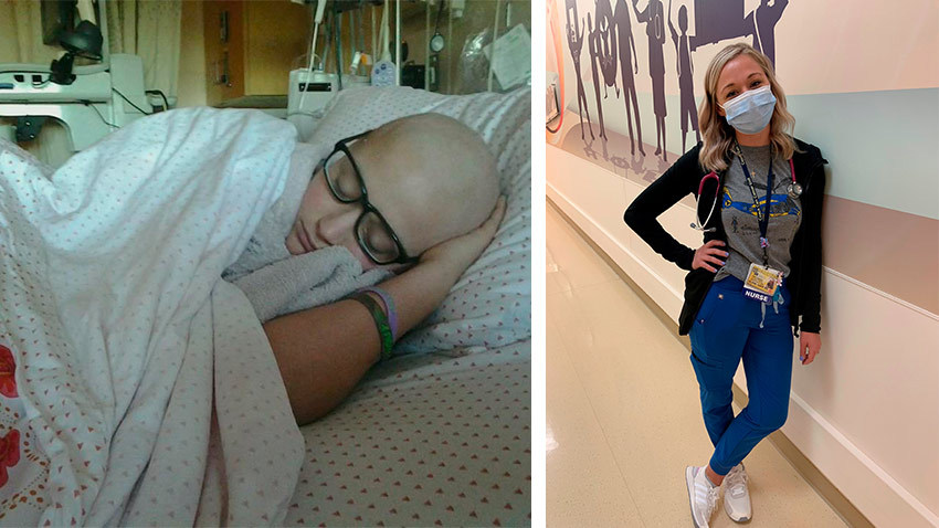 躺在病床上的女孩左边悲伤，右边骄傲地站在医院的地板上当护士