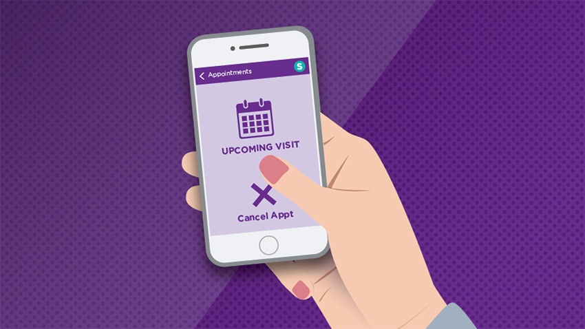 手持IPhone，紫色背景显示医疗预约提醒