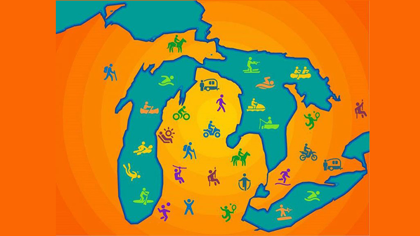 map of michigan in hot orange and state is in teal with little people figures doing different activities all over