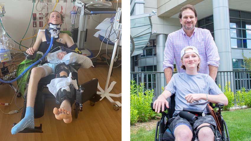 轮椅的十几岁的男孩有在左的严重伤害的，然后离开医院在右边微笑与他的爸爸在轮椅上