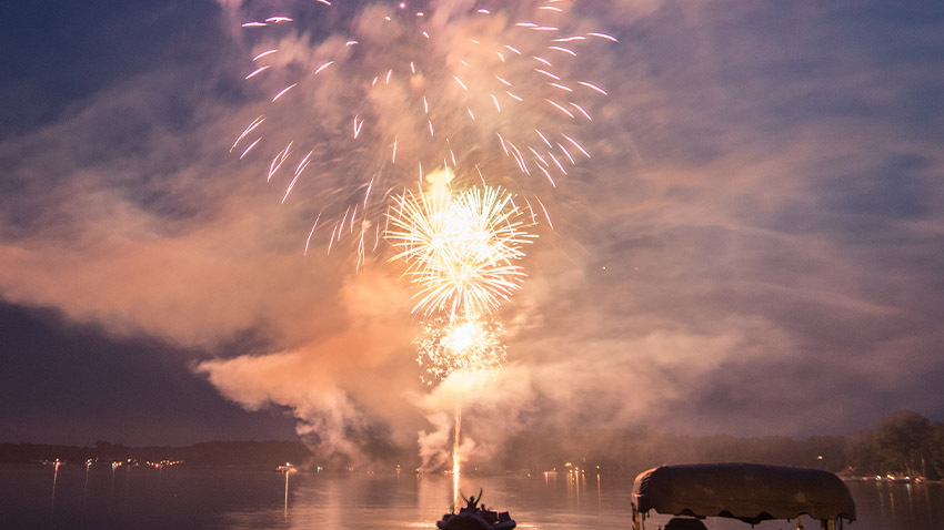 fireworks over the lake in dark blue night sky and fireworks bright orange