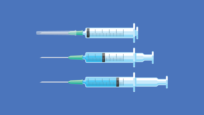 蓝色背景上有三根注射疫苗的针头