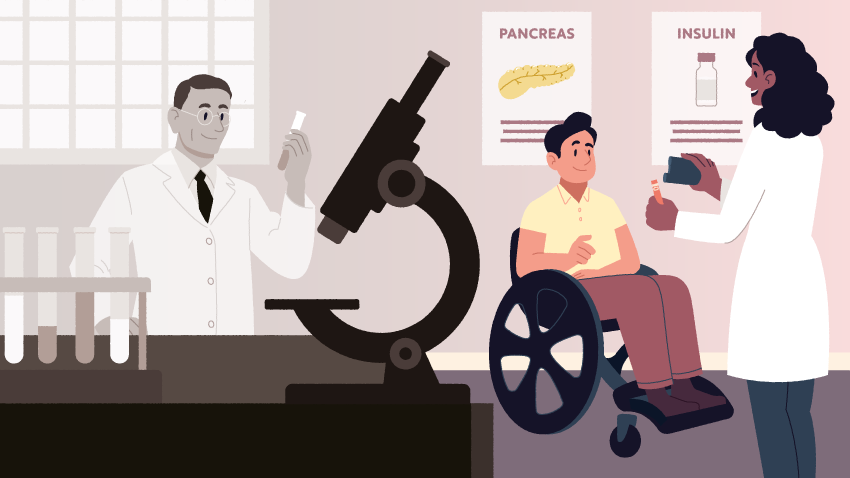 在显微镜下的医生在黑白轮椅胰岛素的照片旁边，它在一个黄色衬衫的医生在彩色
